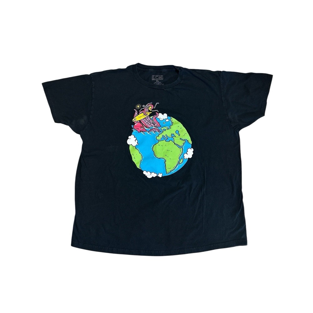 LCM International Skeleton Surfer Kraken Colorful Graphic‎ Black T-Shirt Size XL